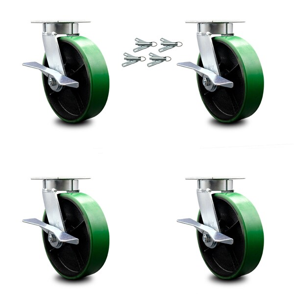 8 Inch Kingpinless Green Poly on Steel Wheel Caster Set Brake and Swivel Lock